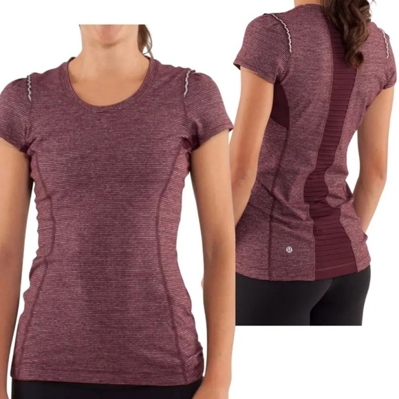 Lululemon Star Runner Short Sleeve Top Tonka Stripe Bordeaux Drama Heathered - Picture 1 of 4